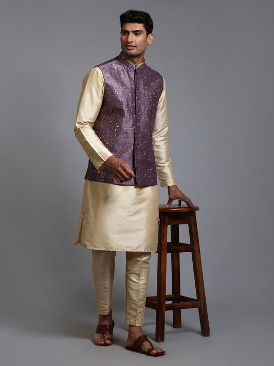 Men's Gold Silk Blend Straight Jacket  Kurta and Pyjama Set
