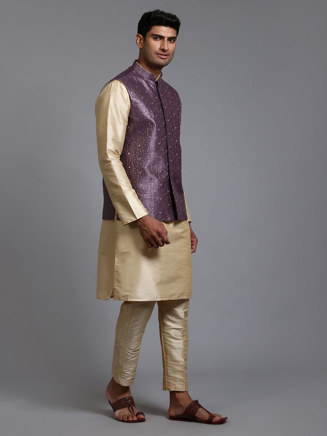 Men's Gold Silk Blend Straight Jacket Kurta and Pyjama Set