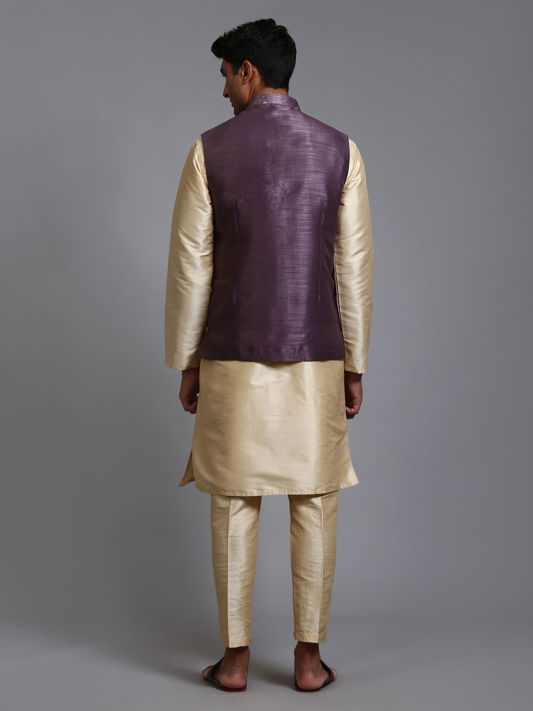 Men's Gold Silk Blend Straight Jacket Kurta and Pyjama Set