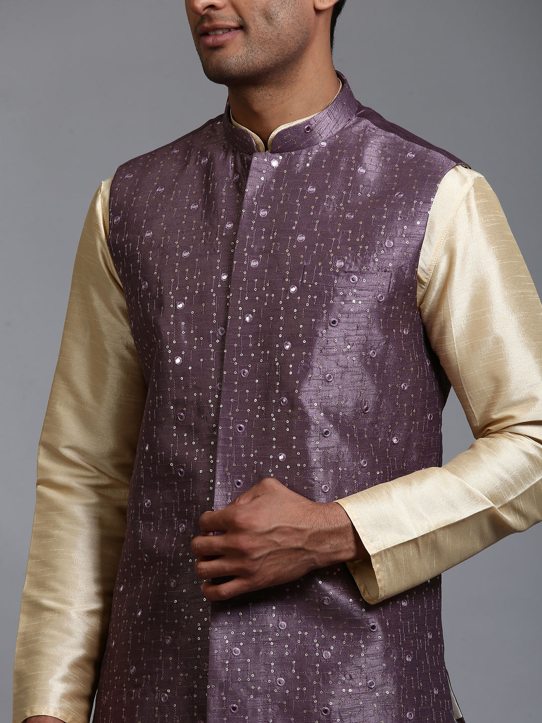 Men's Gold Silk Blend Straight Jacket Kurta and Pyjama Set