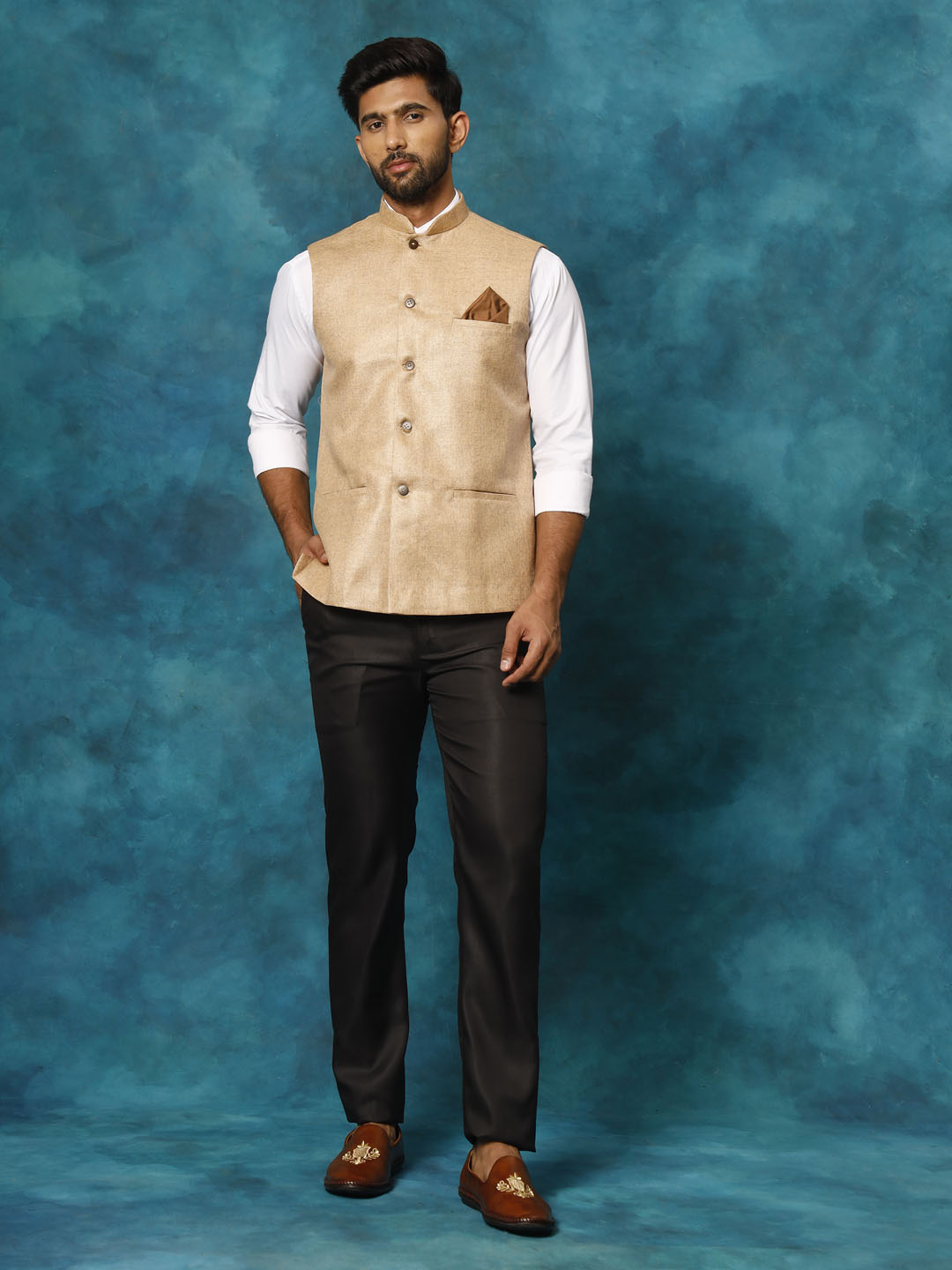 Men's Beige Silk Blend Straight Nehru Jacket