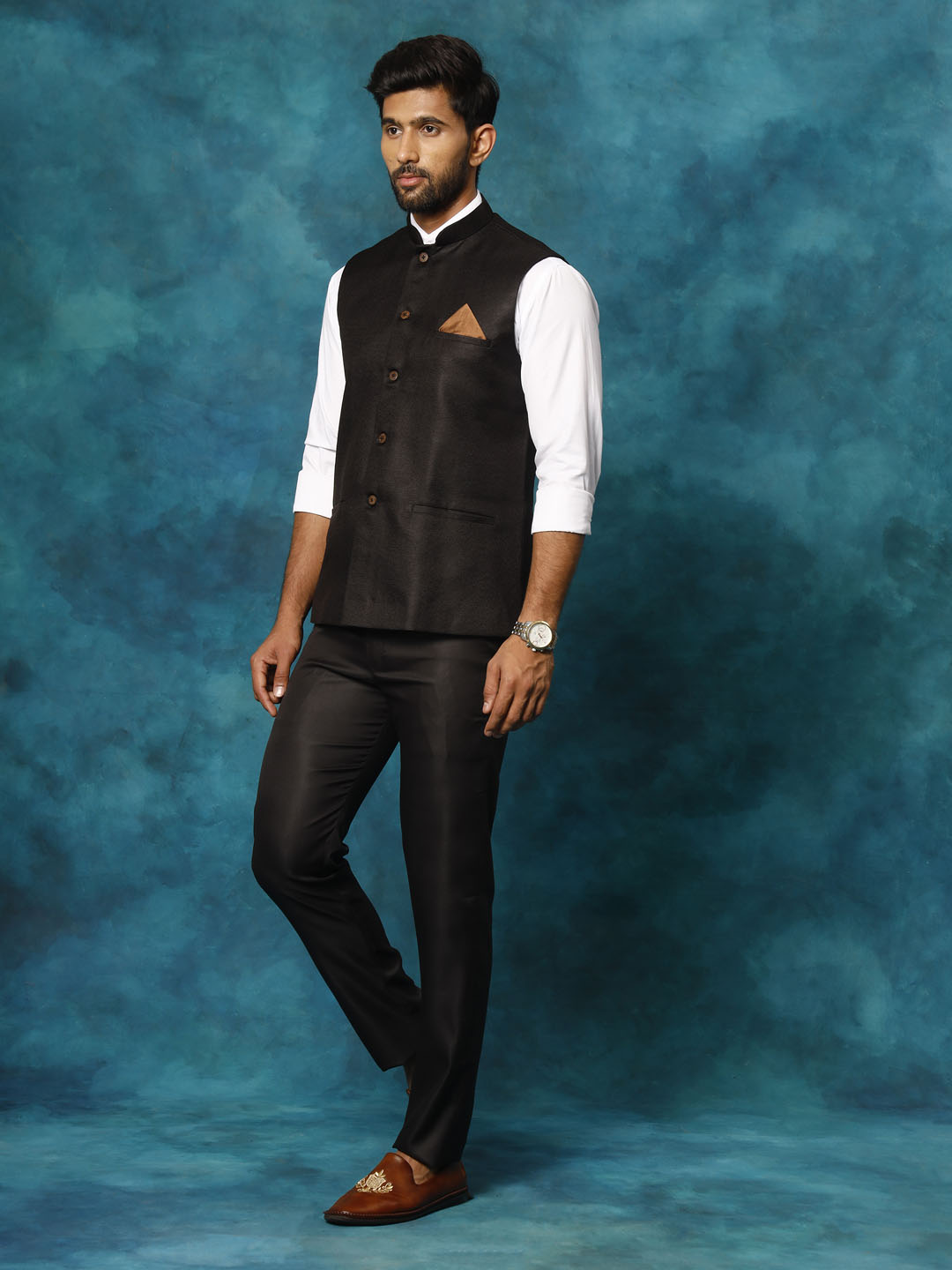Men's Black Silk Blend Straight Nehru Jacket
