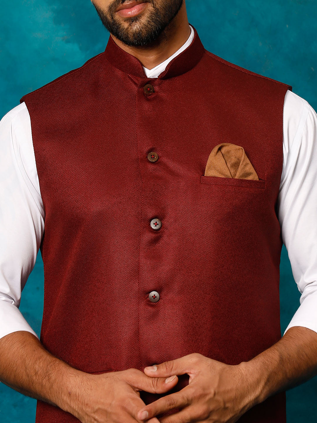 Men's Maroon Silk Blend Straight Nehru Jacket