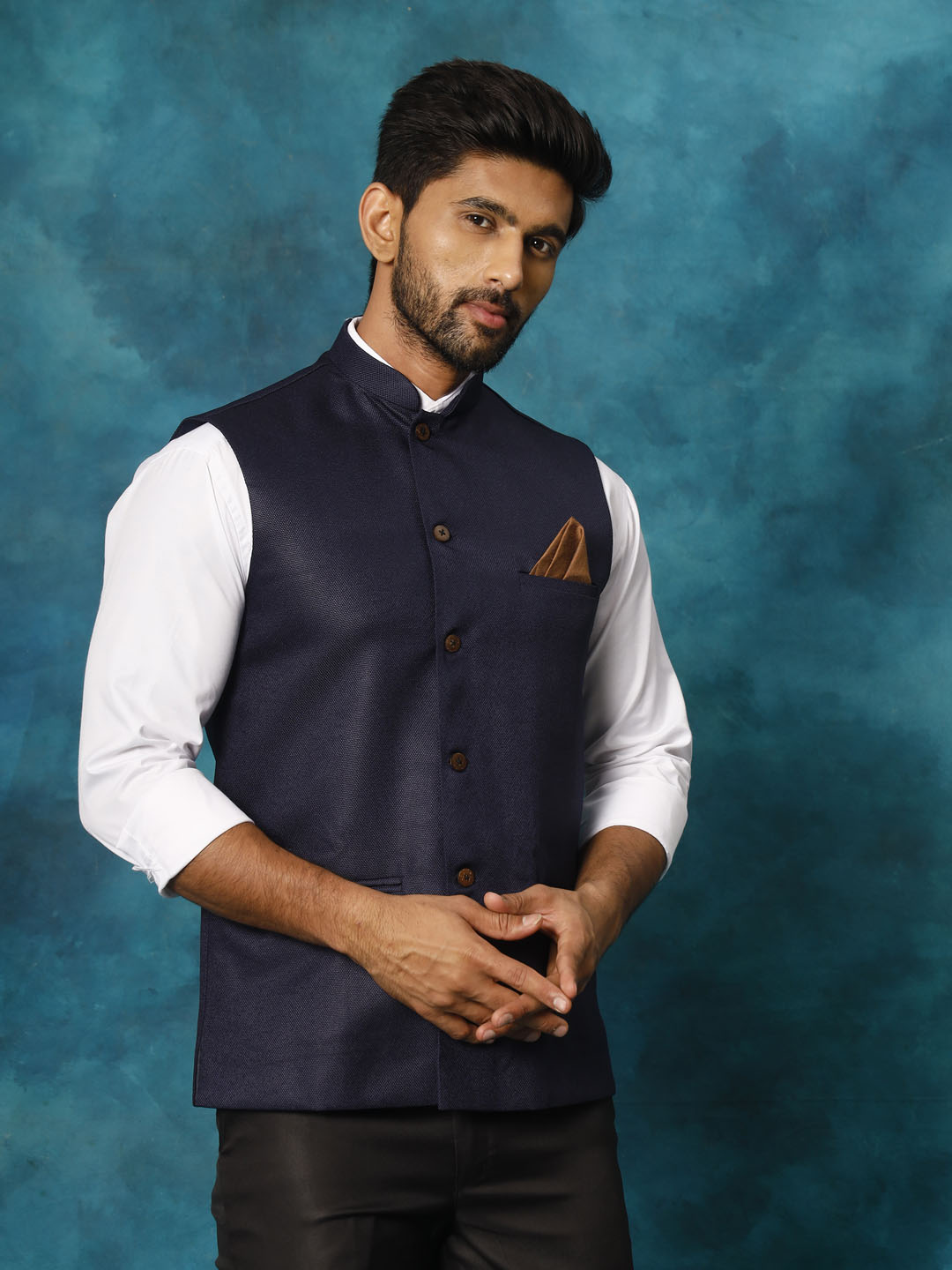 Men's Navy Blue Silk Blend Straight Nehru Jacket