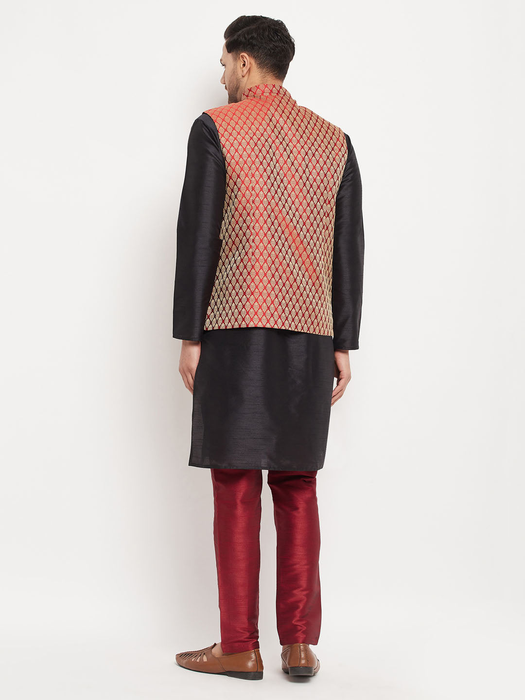 Men's Black Silk Blend Straight Jacket Kurta and Pyjama Set