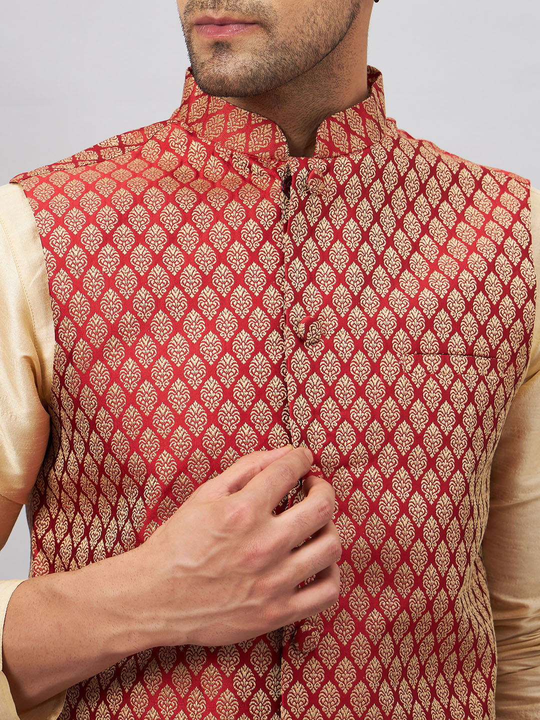 Men's Gold Silk Blend Straight Jacket Kurta and Pyjama Set