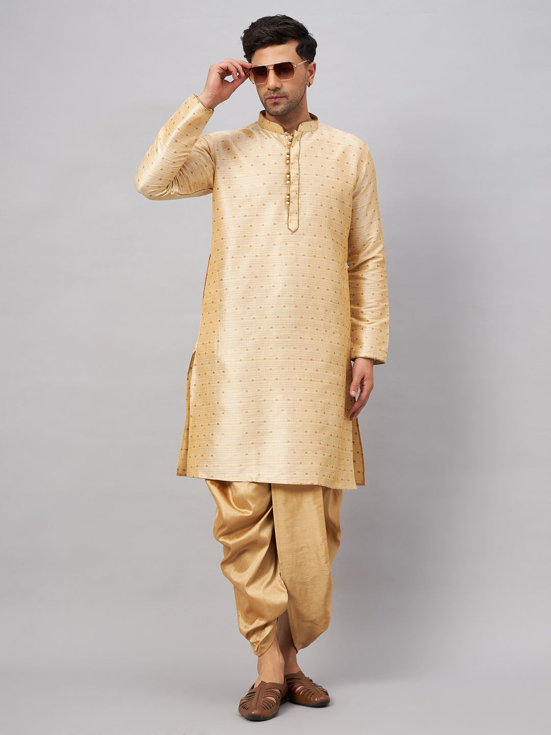 Men's Beige Silk Blend Straight Kurta and Dhoti Set