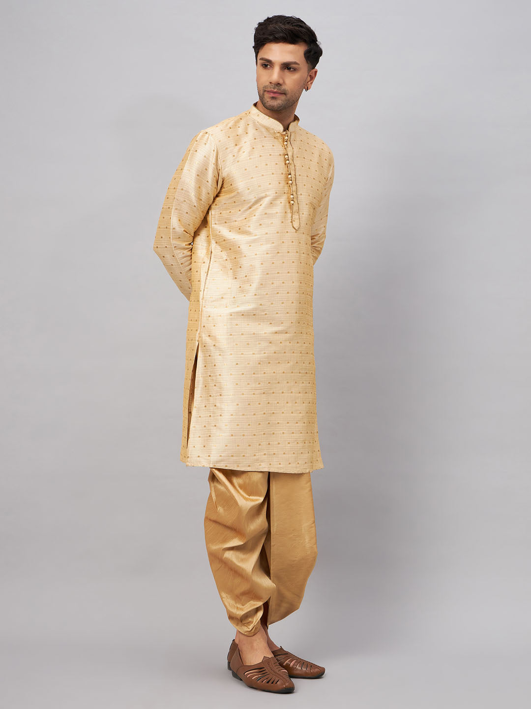 Men's Beige Silk Blend Straight Kurta and Dhoti Set