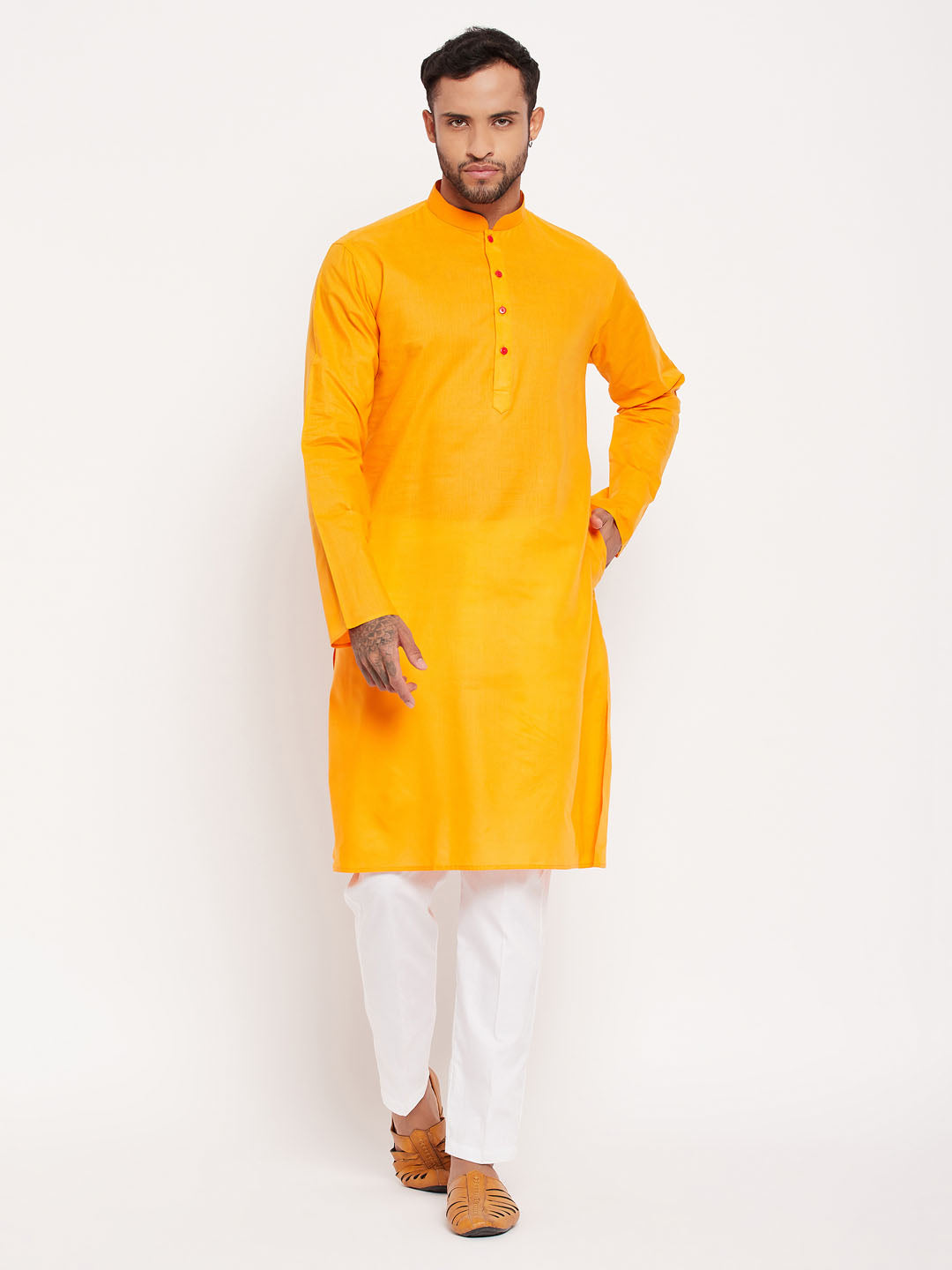 Men's Orange Cotton Straight Kurta Pyjama Set