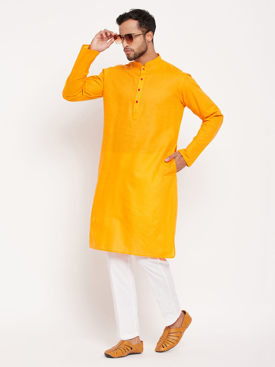 Men's Orange Cotton Straight Kurta Pyjama Set