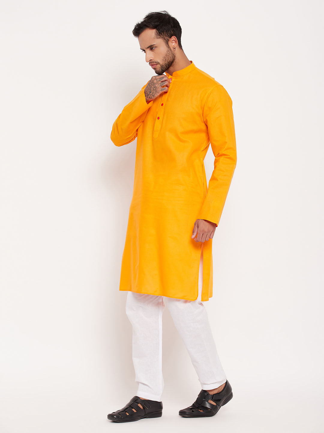 Men's Orange Cotton Straight Kurta Pyjama Set