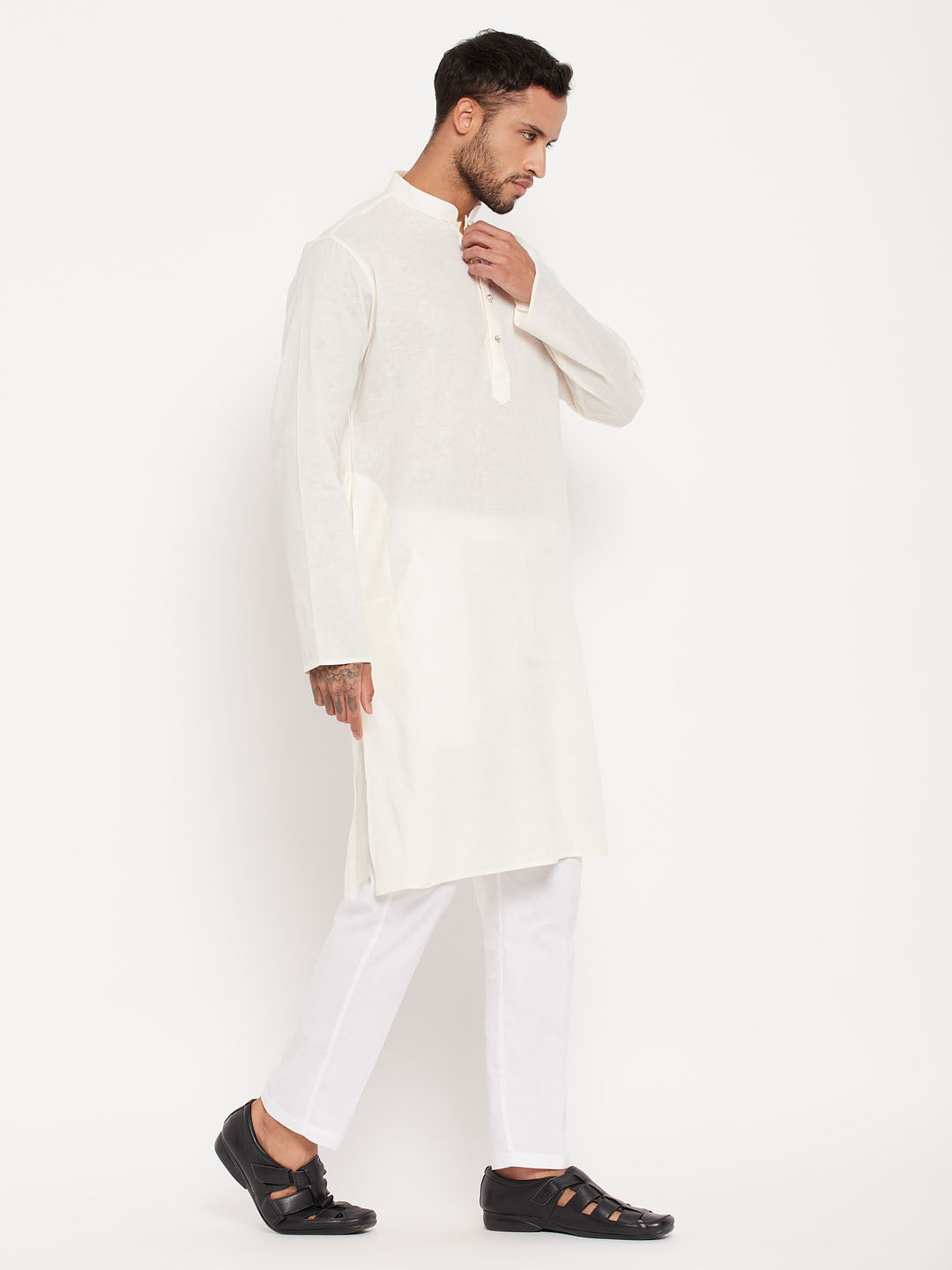Men's Cream Cotton Straight Kurta Pyjama Set