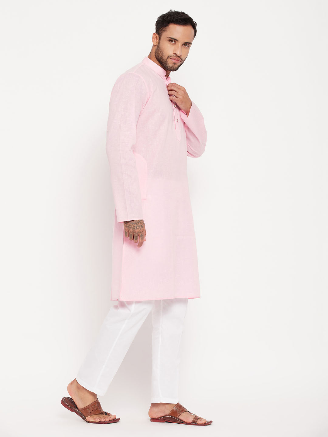 Men's Pink Cotton Straight Kurta Pyjama Set