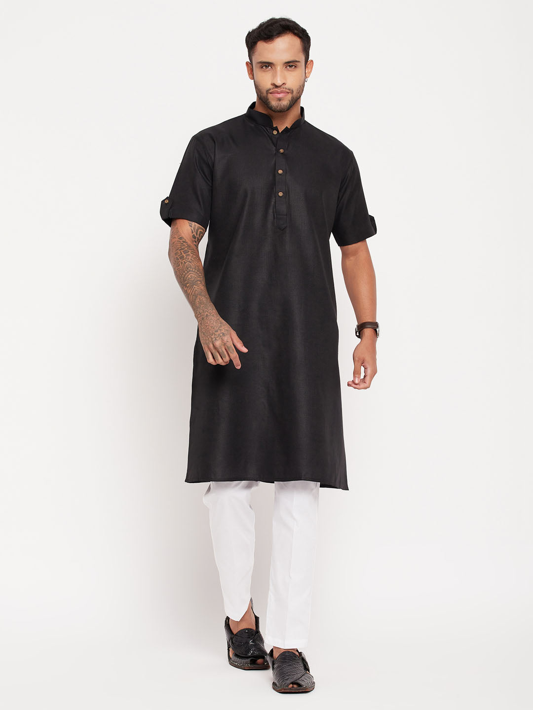 Men's Black Cotton Straight Kurta Pyjama Set