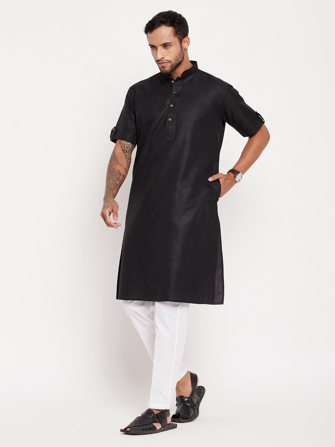 Men's Black Cotton Straight Kurta Pyjama Set