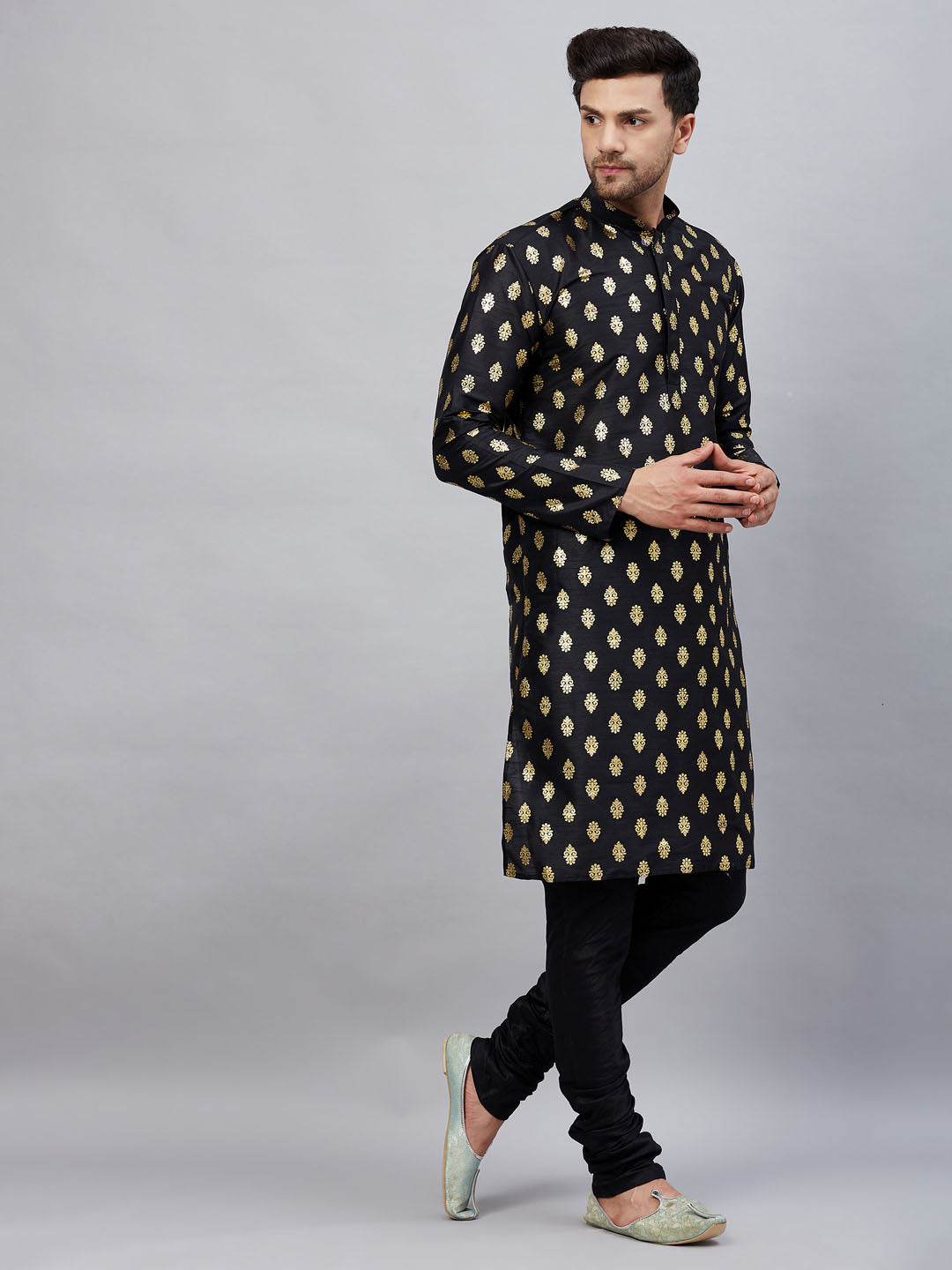 Men's Black Dupion Silk Straight Kurta Pyjama Set