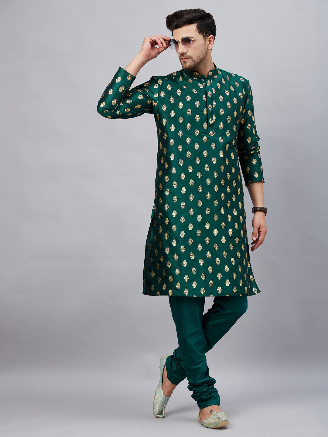 Men's Green Dupion Silk Straight Kurta Pyjama Set