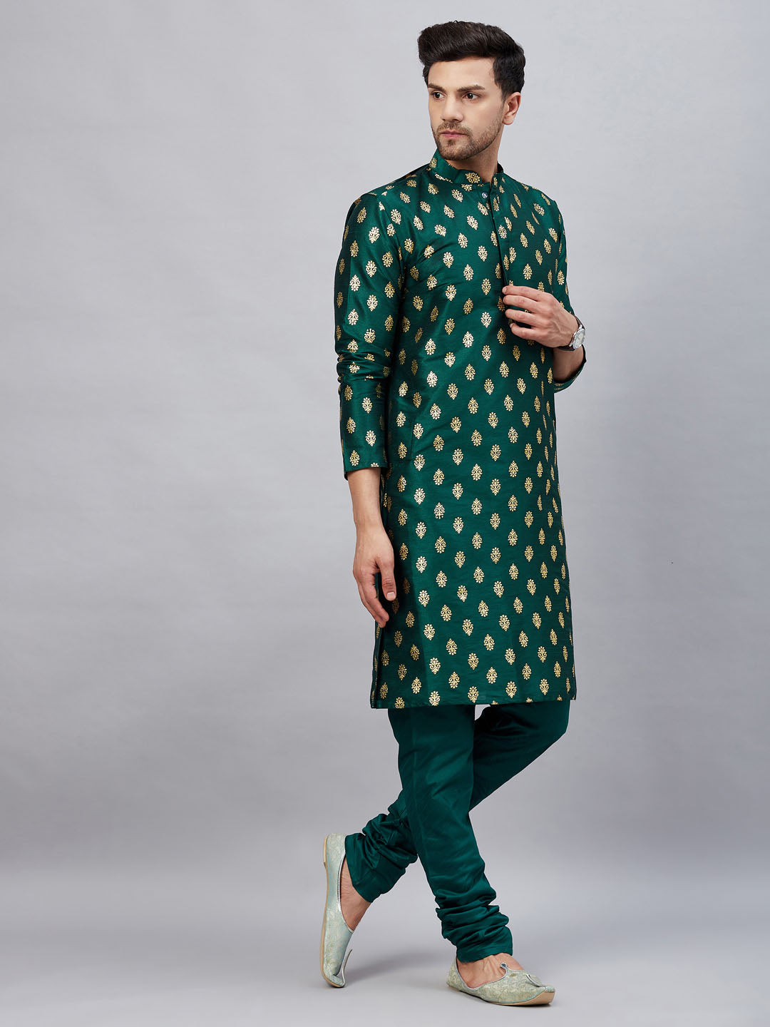 Men's Green Dupion Silk Straight Kurta Pyjama Set