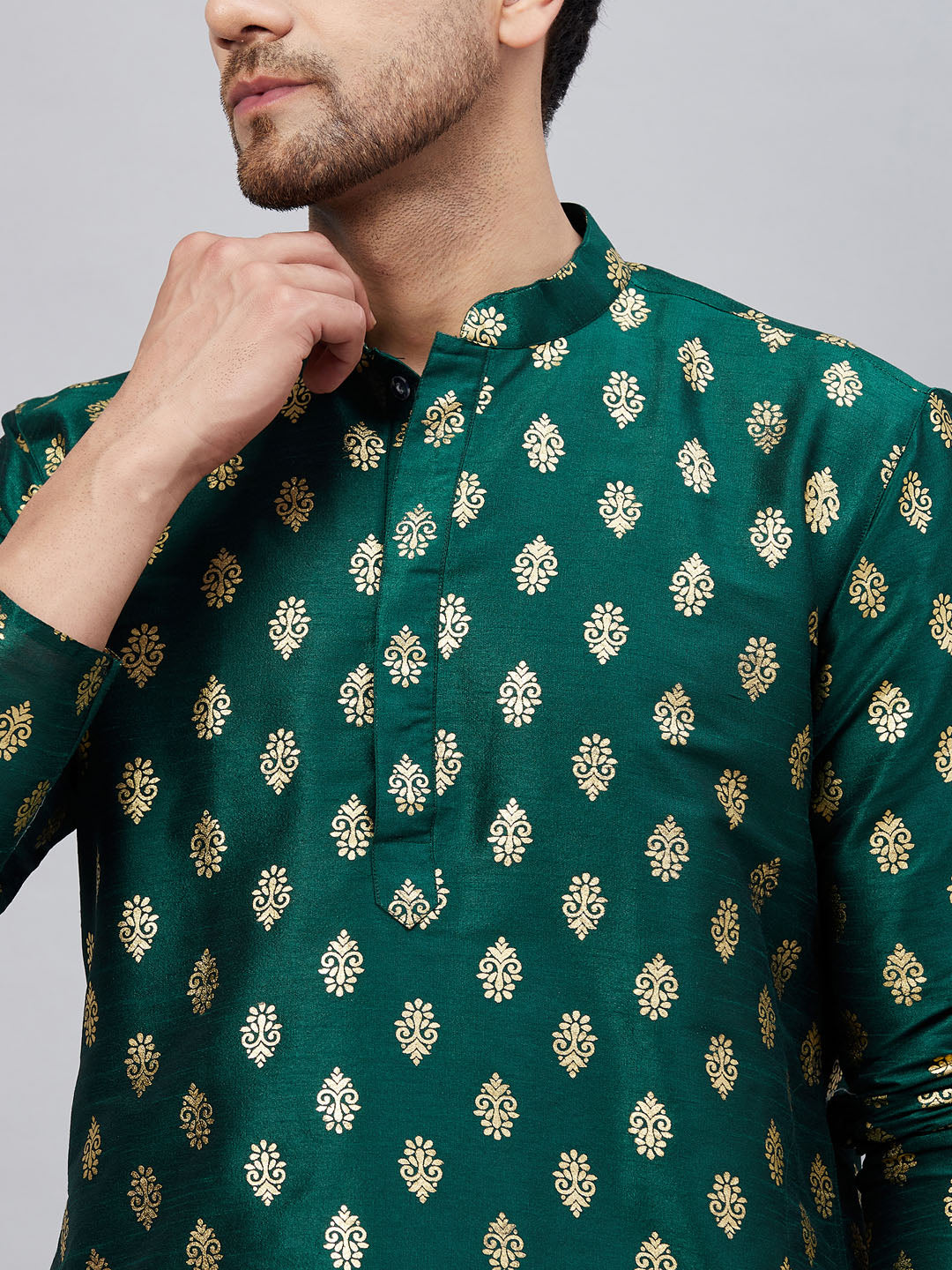 Men's Green Dupion Silk Straight Kurta Pyjama Set