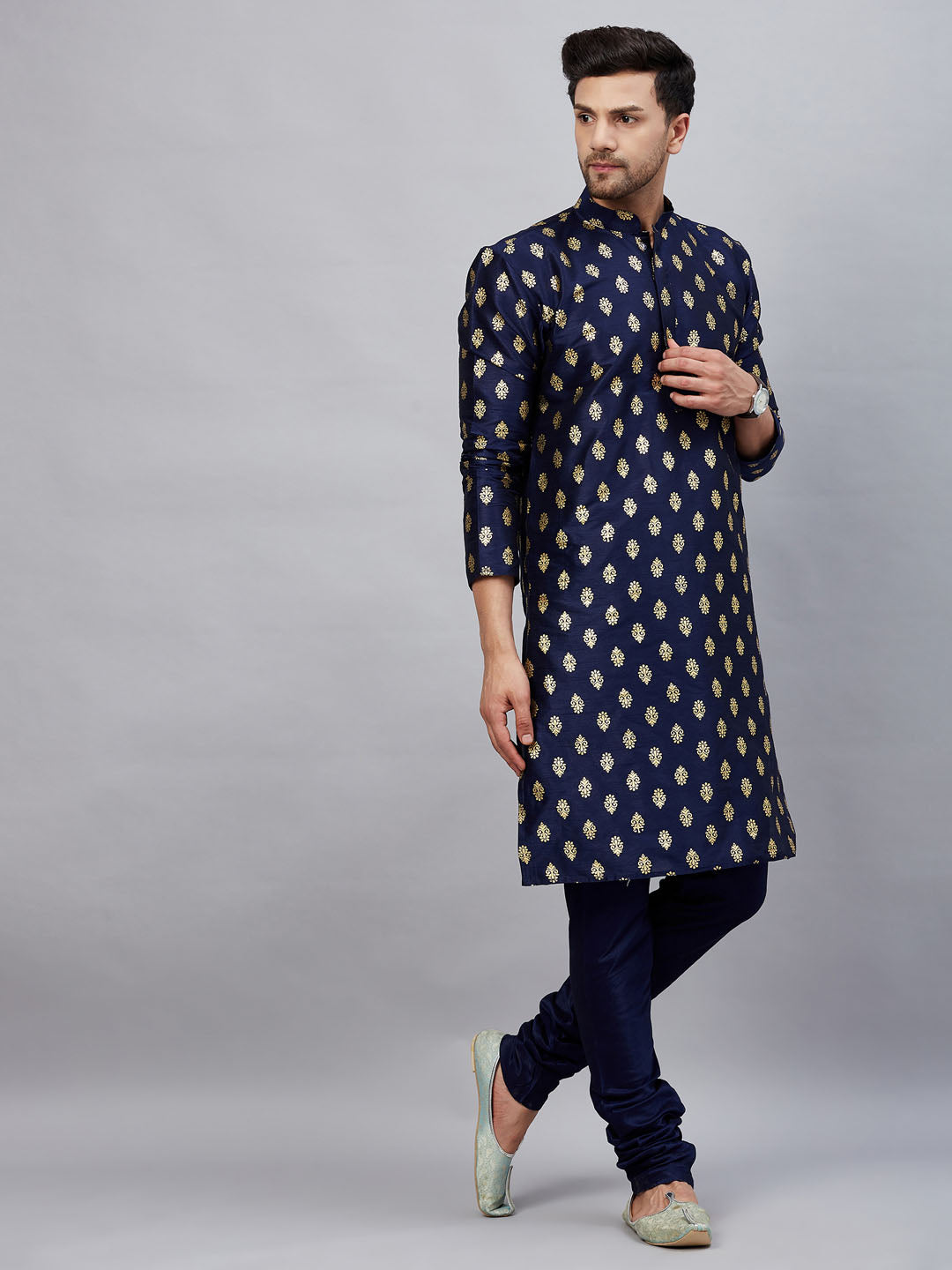 Men's Navy Blue Dupion Silk Straight Kurta Pyjama Set