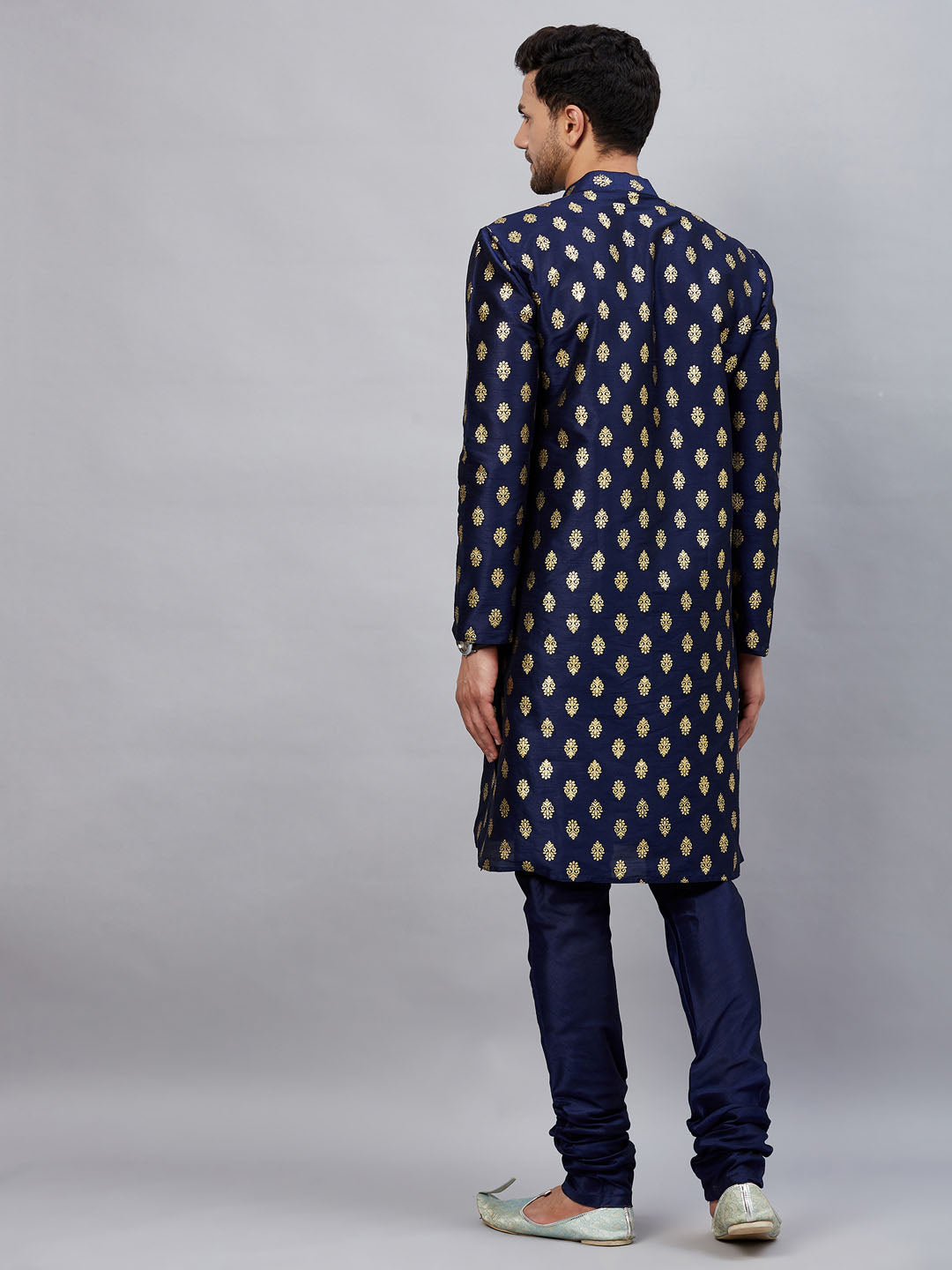 Men's Navy Blue Dupion Silk Straight Kurta Pyjama Set