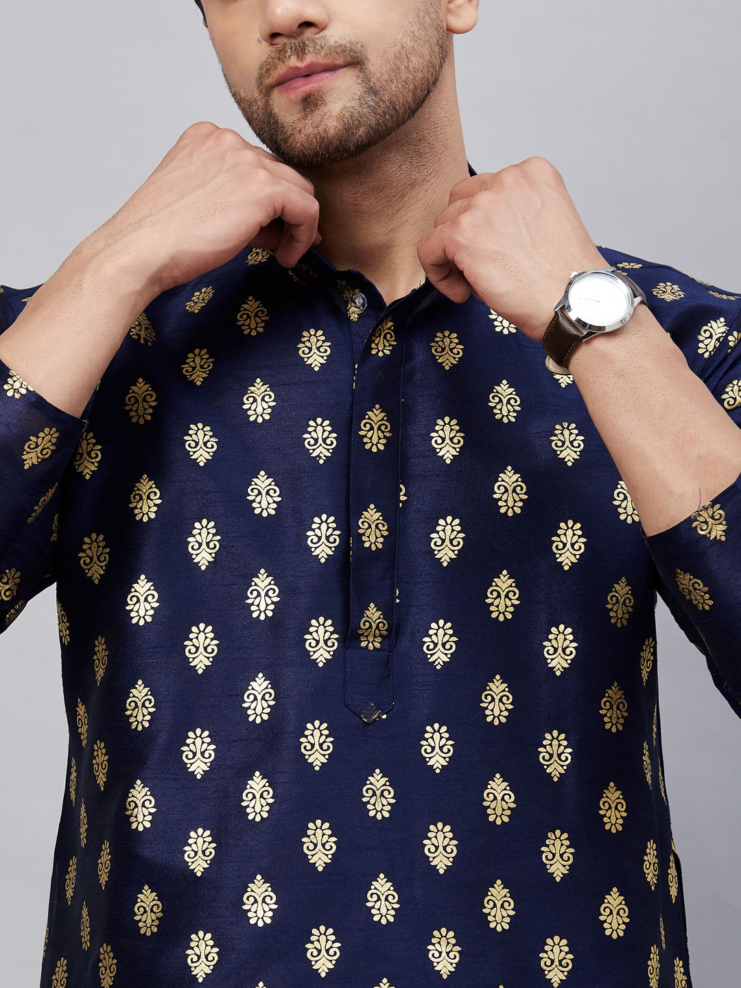 Men's Navy Blue Dupion Silk Straight Kurta Pyjama Set