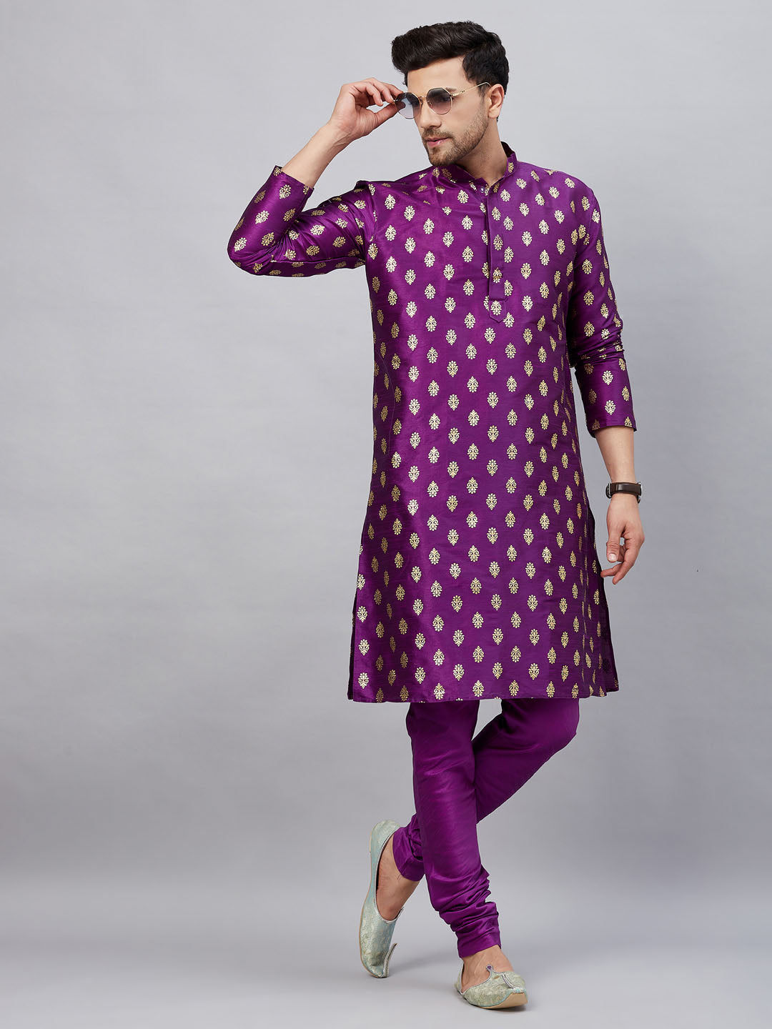 Men's Purple Silk Blend Straight Kurta Pyjama Set