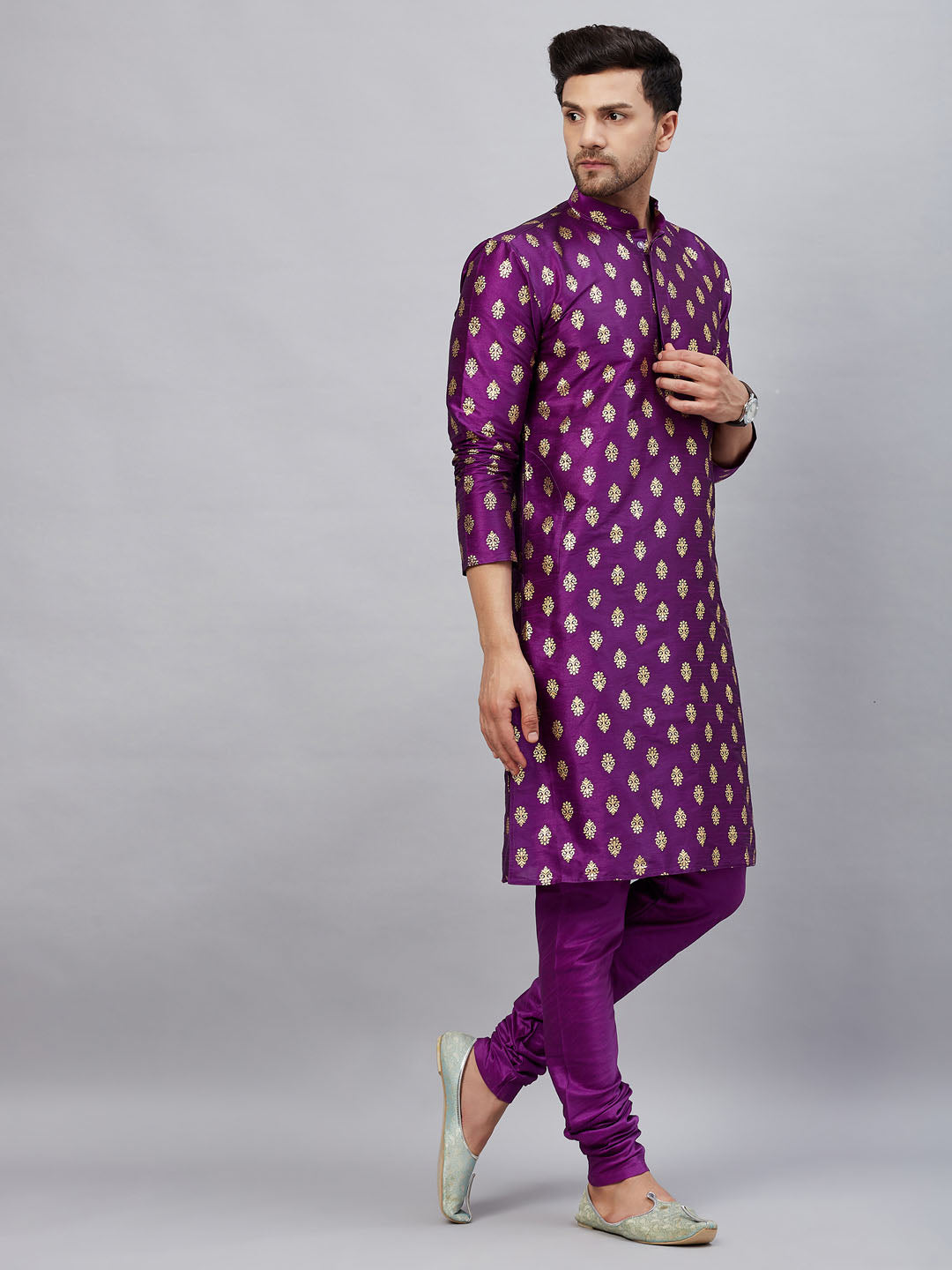 Men's Purple Silk Blend Straight Kurta Pyjama Set