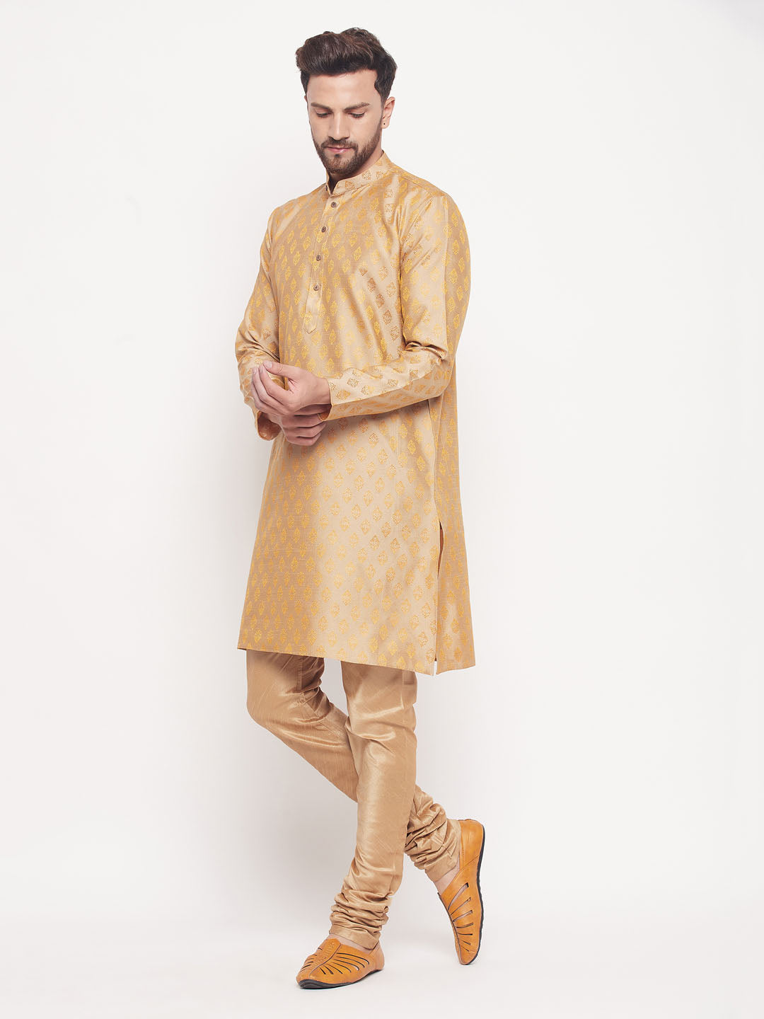 Men's Beige Silk Blend Straight Kurta Pyjama Set