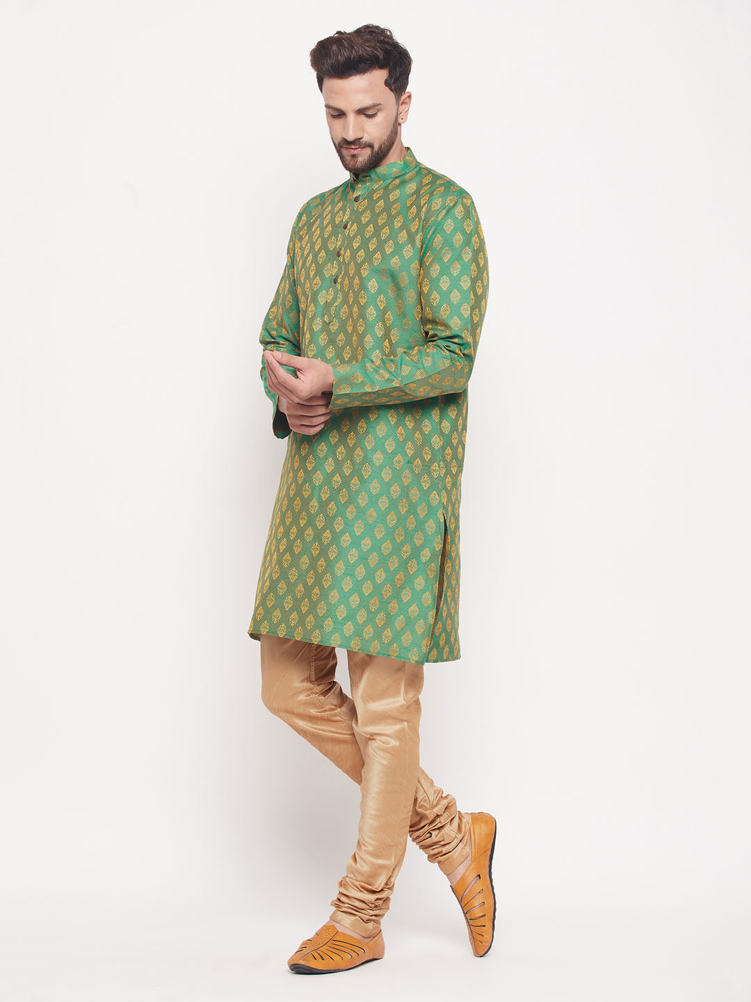 Men's Green Silk Blend Straight Kurta Pyjama Set