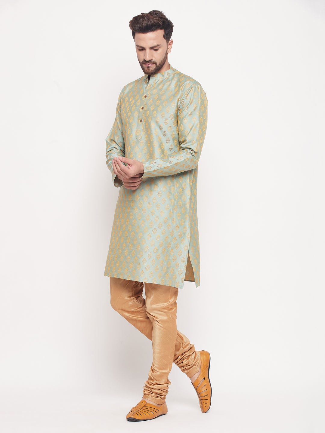 Men's Mint Green Silk Blend Straight Kurta Pyjama Set