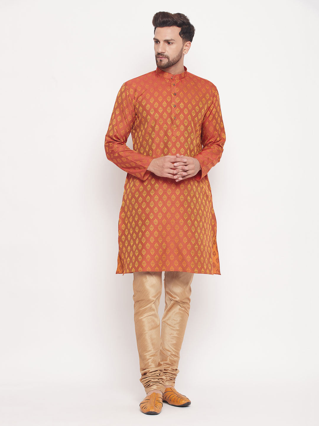 Men's Red Silk Blend Straight Kurta Pyjama Set