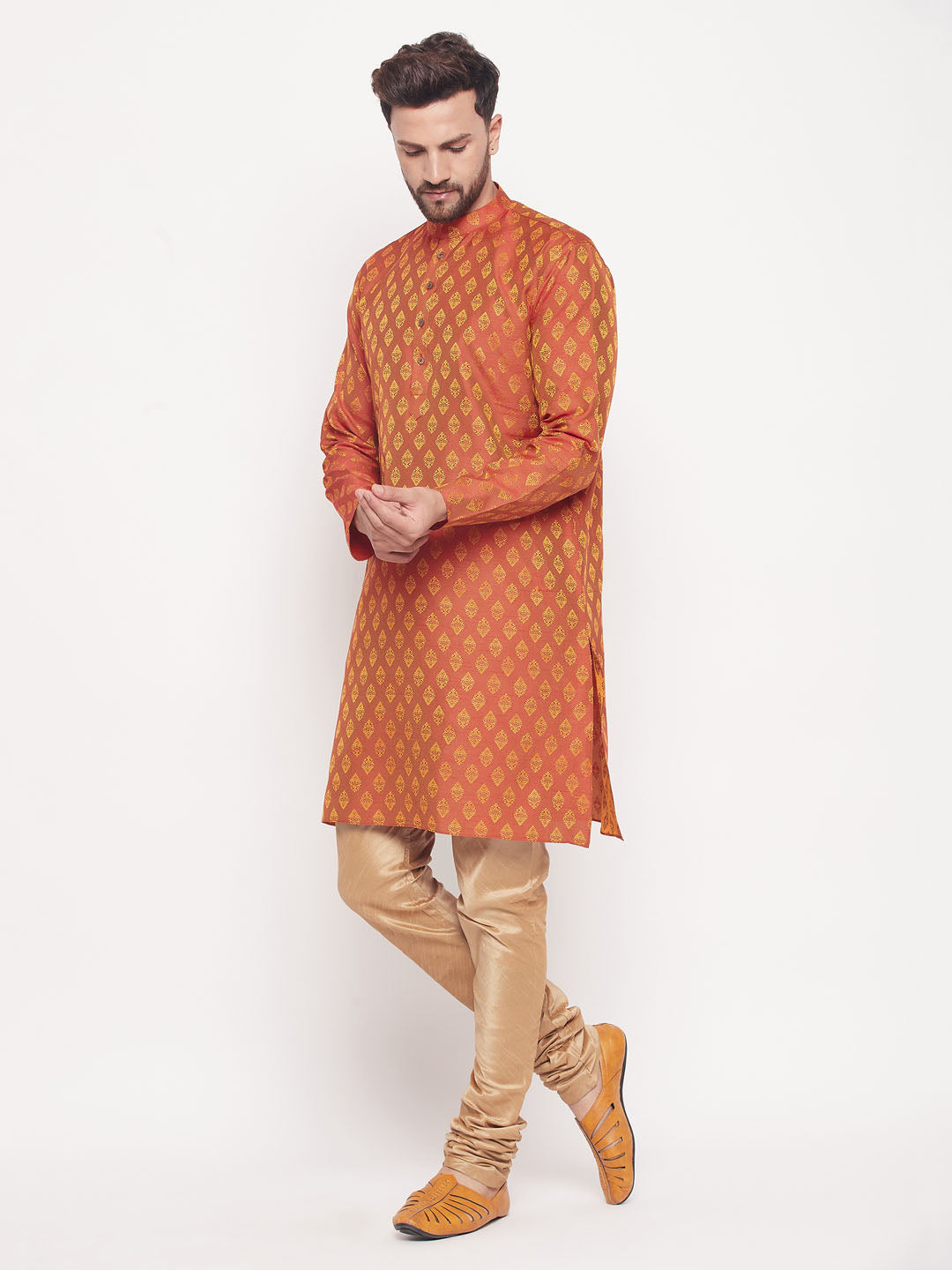Men's Red Silk Blend Straight Kurta Pyjama Set