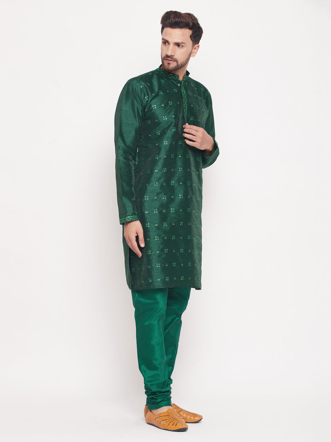 Men's Green Silk Blend Straight Kurta Pyjama Set