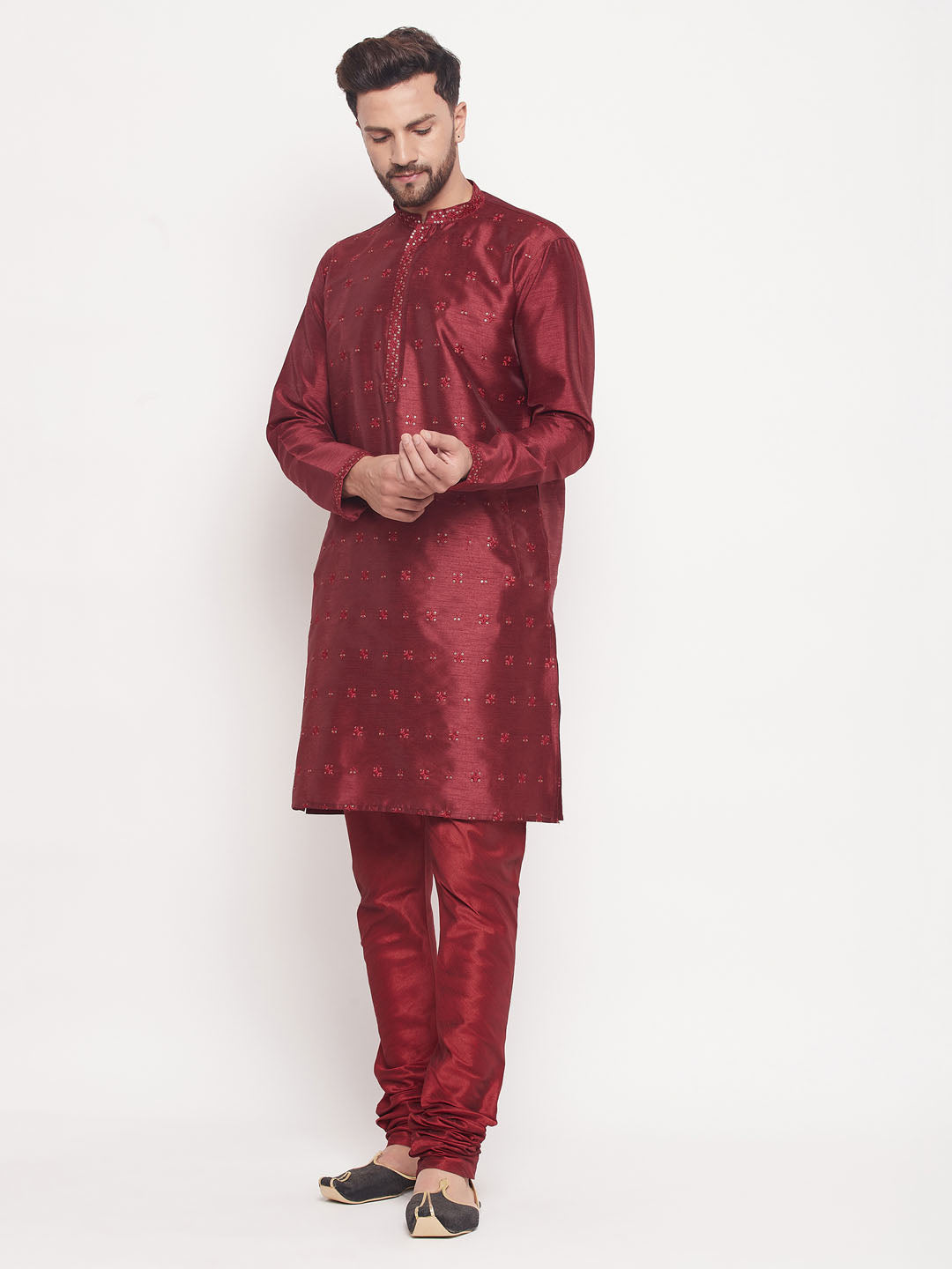 Men's Maroon Silk Blend Straight Kurta Pyjama Set