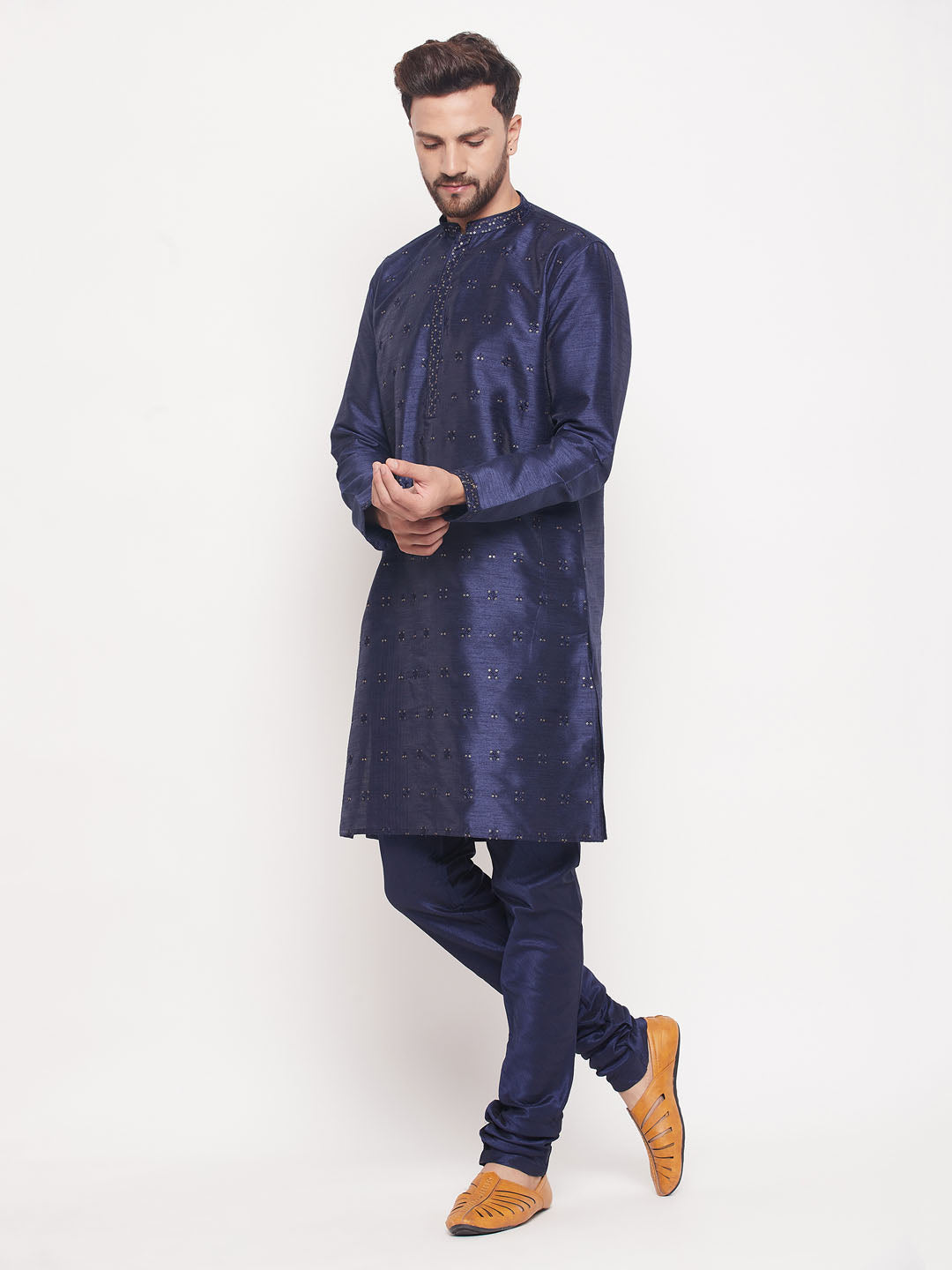 Men's Navy Blue Silk Blend Straight Kurta Pyjama Set