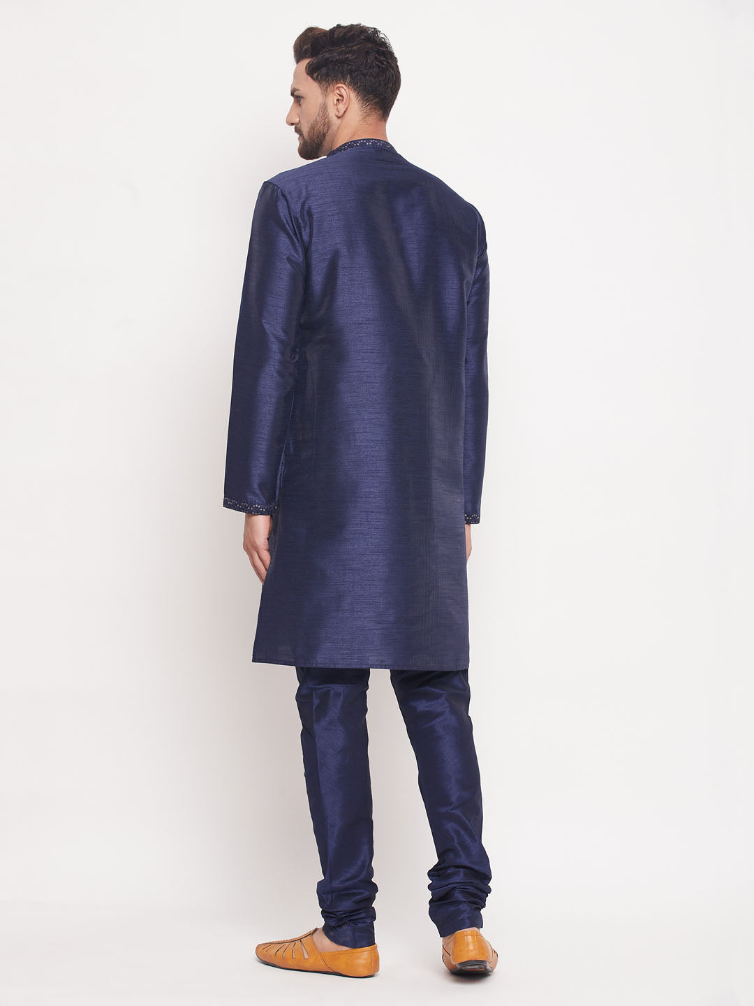 Men's Navy Blue Silk Blend Straight Kurta Pyjama Set