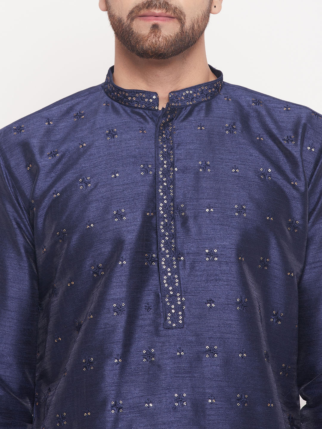 Men's Navy Blue Silk Blend Straight Kurta Pyjama Set