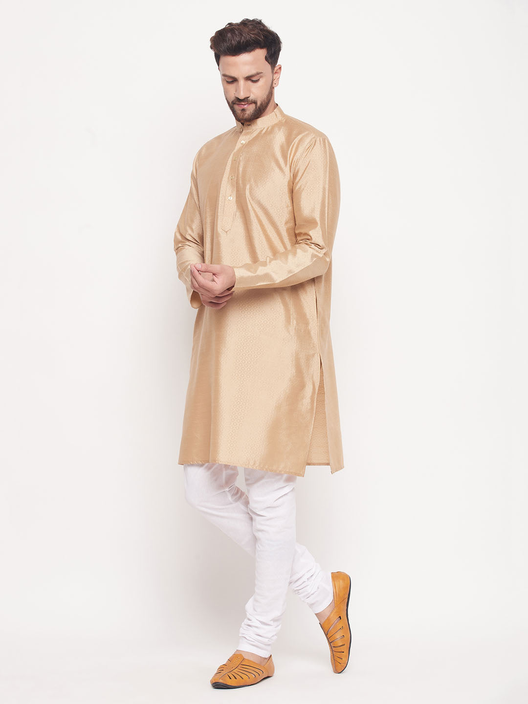 Men's Beige Silk Blend Straight Kurta Pyjama Set