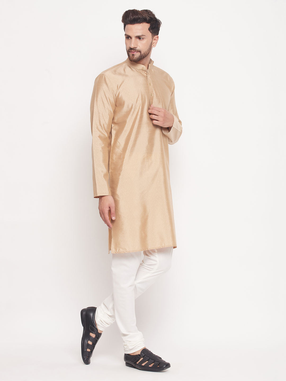 Men's Beige Silk Blend Straight Kurta Pyjama Set