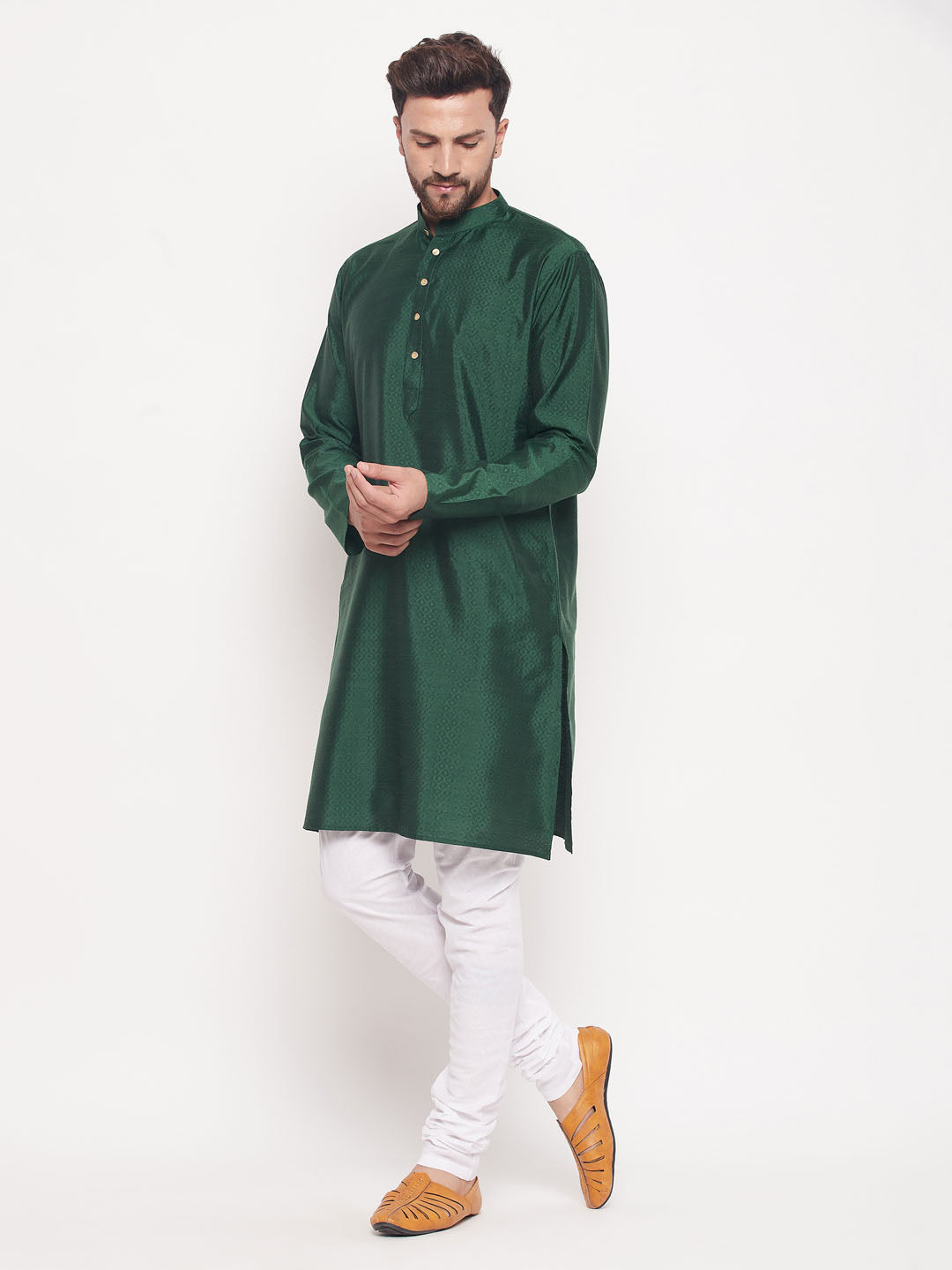Men's Green Silk Blend Straight Kurta Pyjama Set
