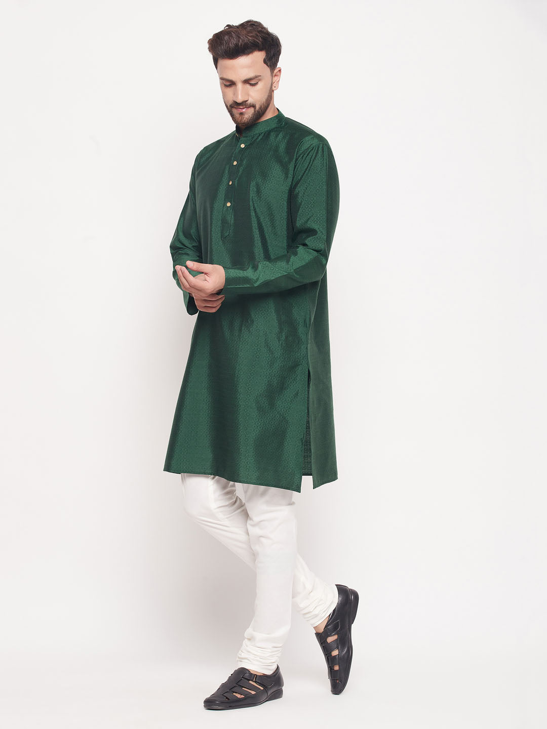 Men's Green Silk Blend Straight Kurta Pyjama Set