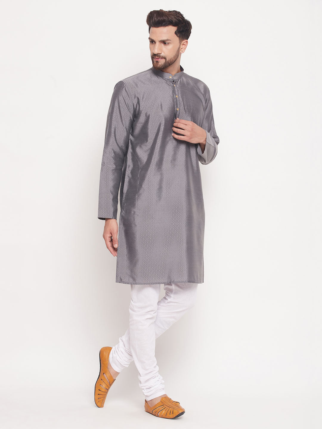 Men's Grey Silk Blend Straight Kurta Pyjama Set