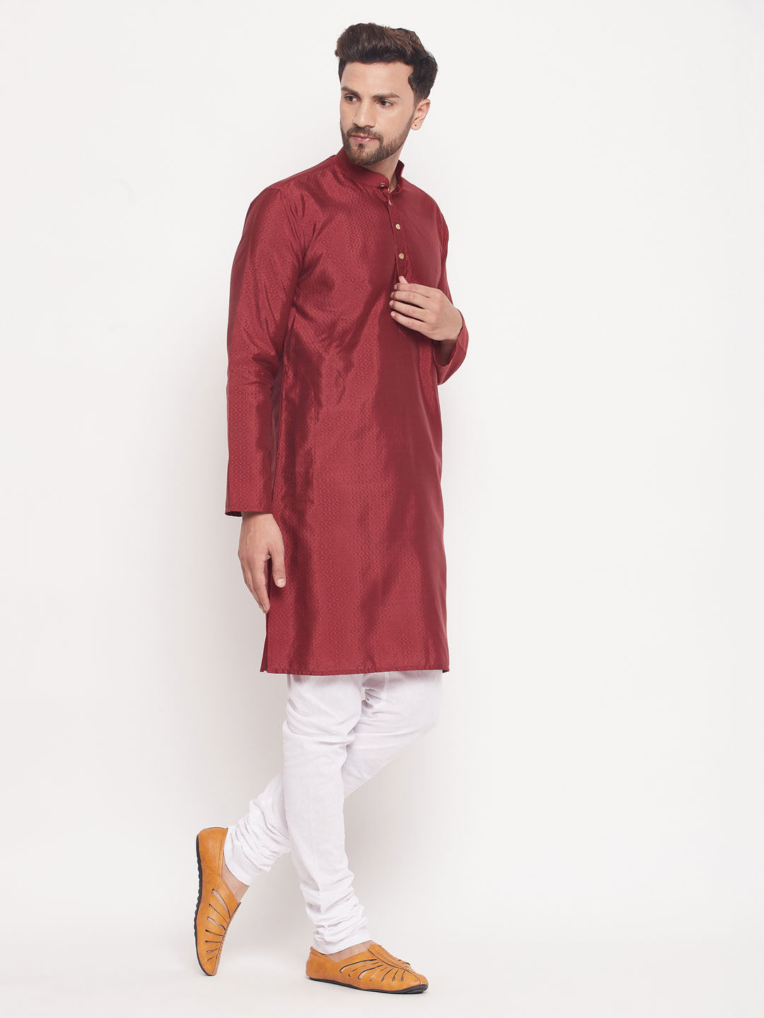 Men's Maroon Silk Blend Straight Kurta Pyjama Set