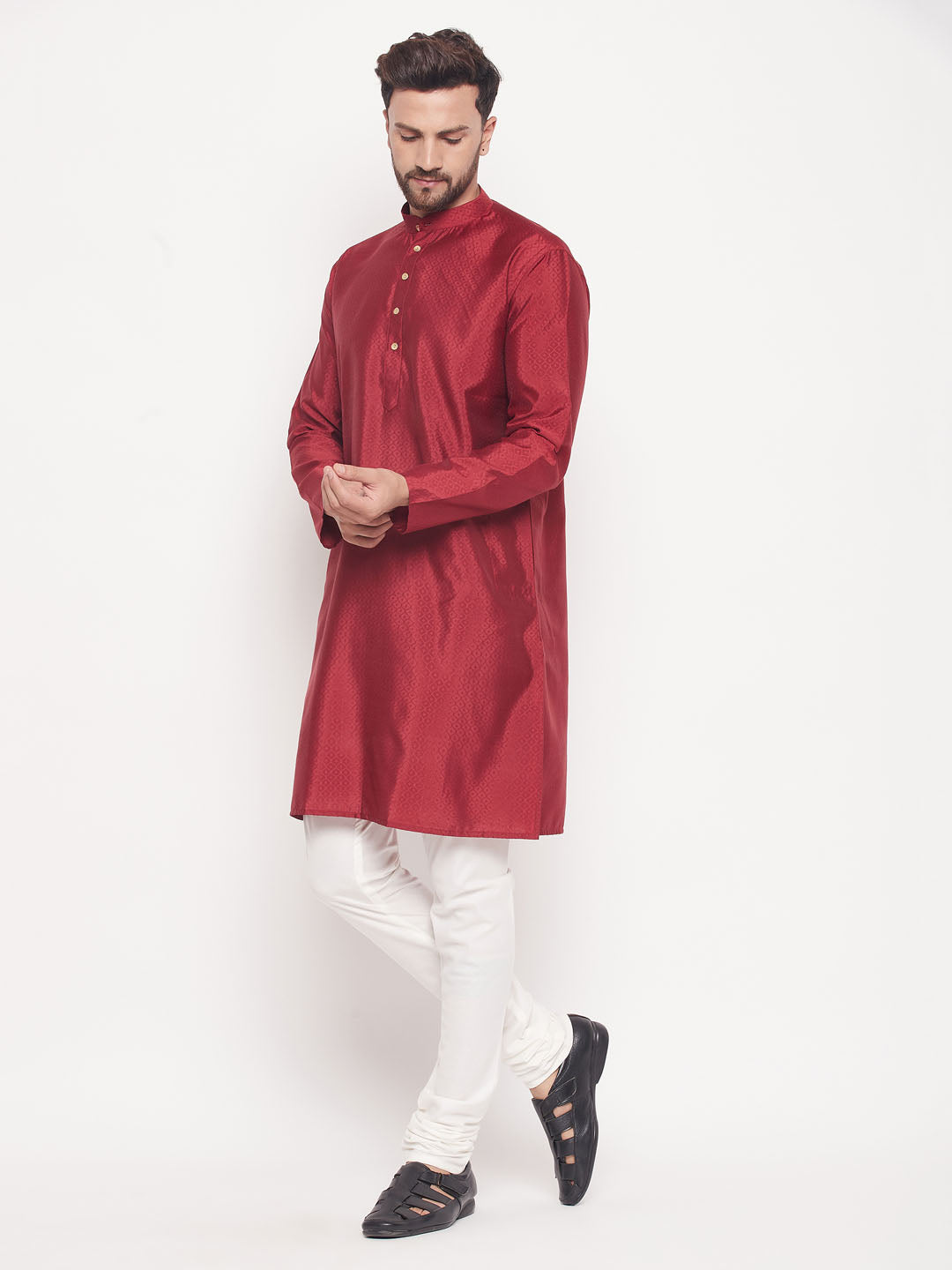 Men's Maroon Silk Blend Straight Kurta Pyjama Set