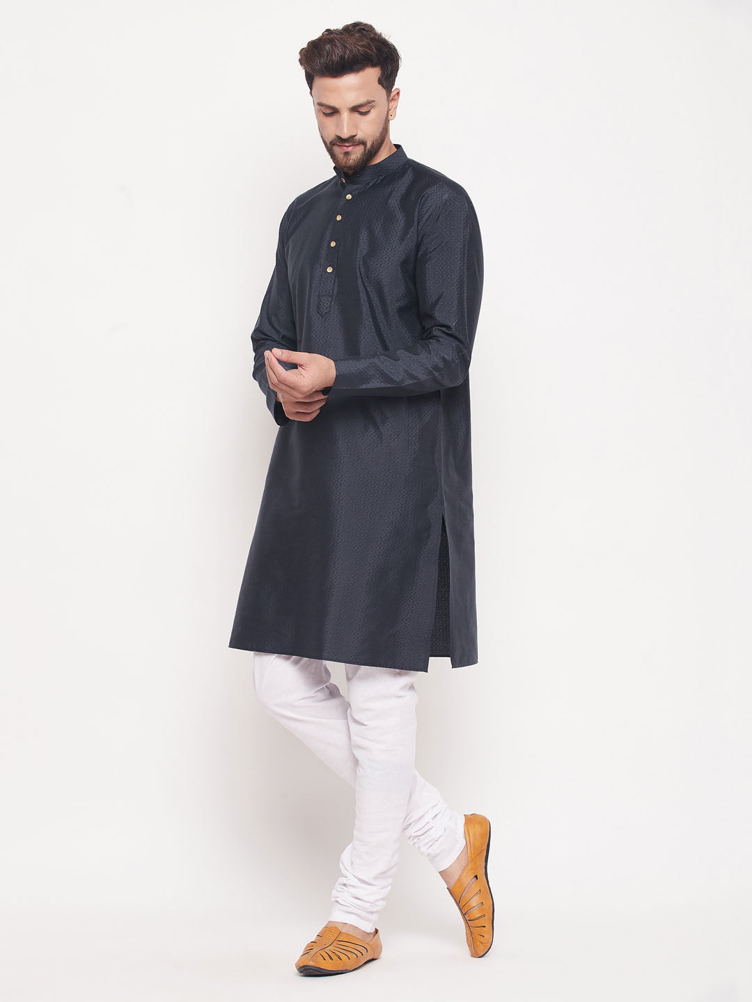 Men's Navy Blue Silk Blend Straight Kurta Pyjama Set