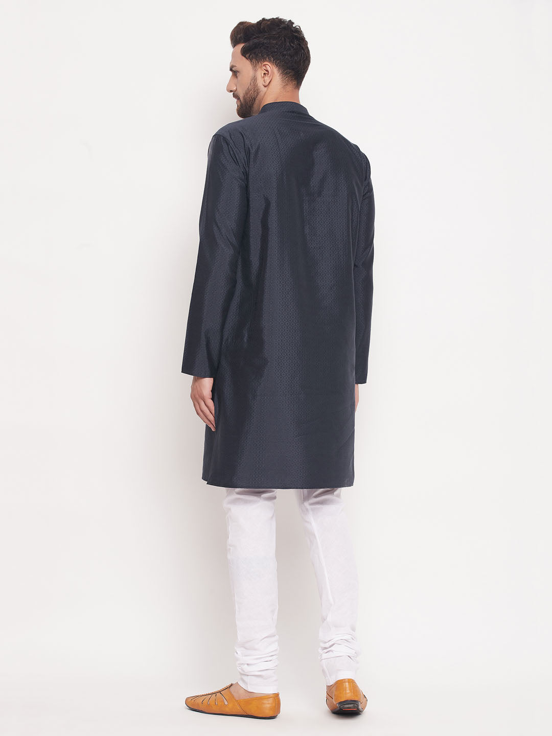 Men's Navy Blue Silk Blend Straight Kurta Pyjama Set