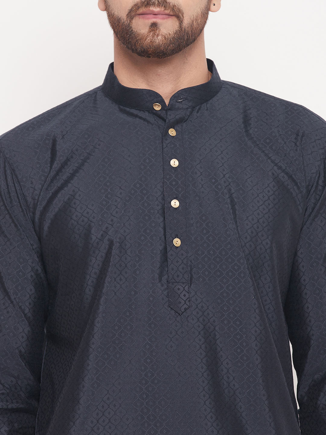 Men's Navy Blue Silk Blend Straight Kurta Pyjama Set