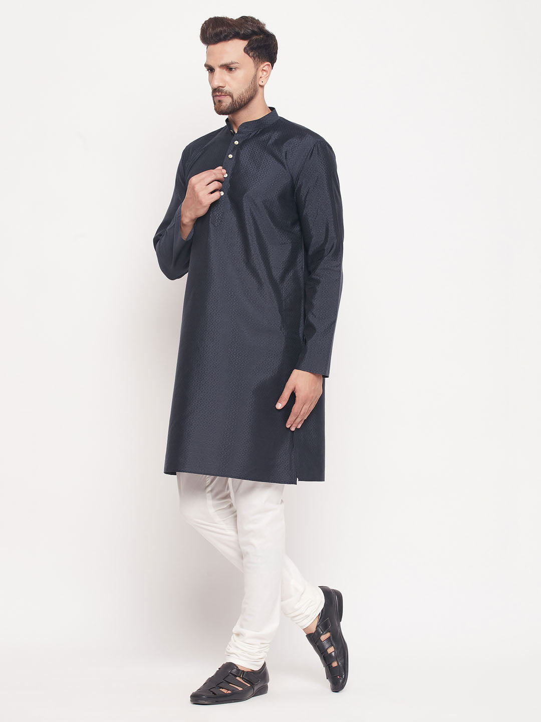 Men's Navy Blue Silk Blend Straight Kurta Pyjama Set