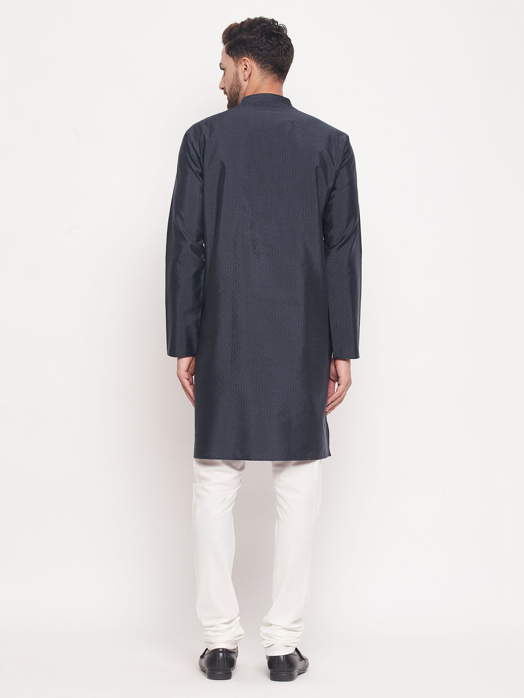 Men's Navy Blue Silk Blend Straight Kurta Pyjama Set